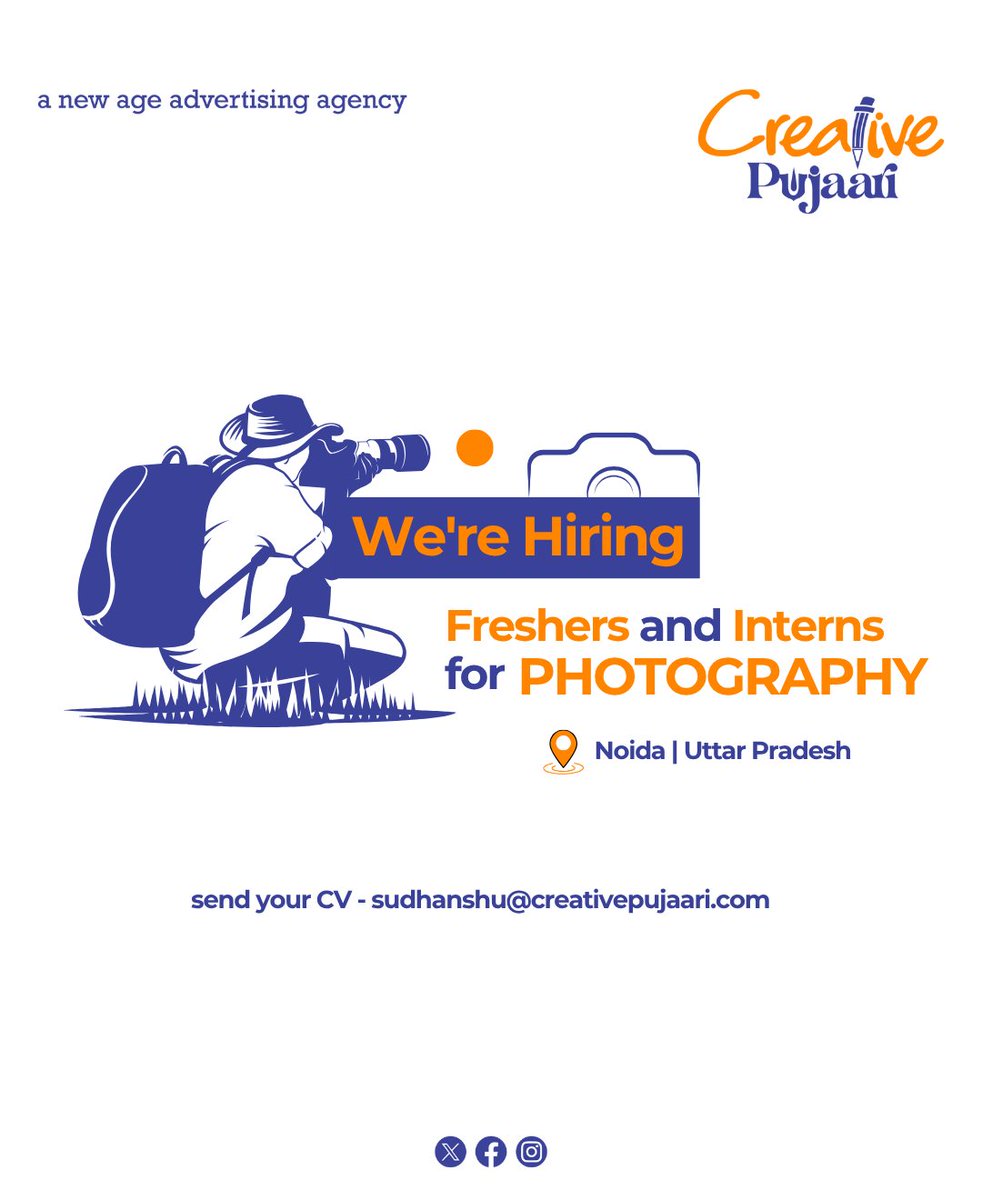 CreativePujaari's tweet photo. Got an eye for the perfect shot? 
📸 Join our team as a Photography Intern or Fresher and turn your passion into a career!

#CreativePujaari #AdAgency #WereHiring #JoinOurTeam #PhotographyJobs #InternshipOpportunity #FreshersWelcome #PhotographyInternship #NoidaJobs #UPJobs https://t.co/HVOhrAImS7