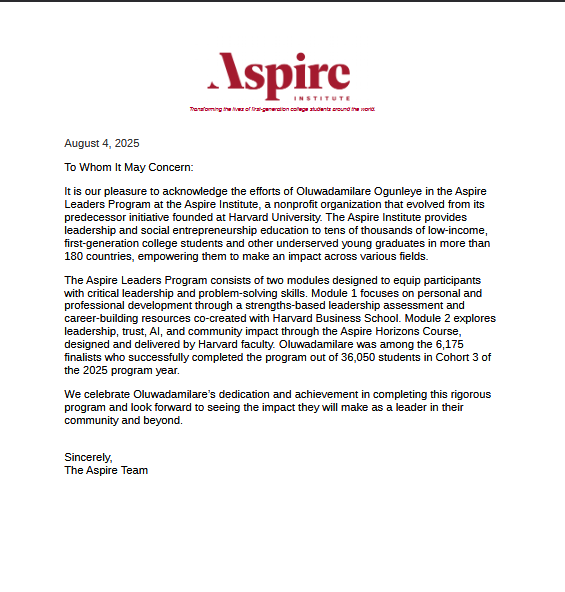 hellodamilare's tweet photo. Survived the Aspire Leaders Program ✅
📚 Learned leadership, trust, AI &amp; community impact
🚀 Ready to put it all into action!
🙌 6,175 out of 36,050 made it — and I’m in!
Now to cause some good trouble 🚀 #AspireInspiresFirstGen https://t.co/c7PJY81wsI