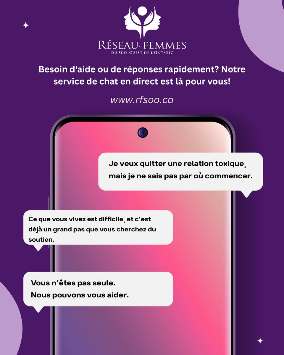 ReseauFemmesSOO's tweet photo. 💬 Besoin d’aide ou de réponses rapidement ? Notre service de chat en direct est là pour vous, confidentiel et sécuritaire.
Écrivez-nous, peu importe la question ou la situation. Vous n’êtes pas seule. 💜
#ChatEnDirect #SoutienConfidentiel #RéseauFemmes #VousNÊtesPasSeule https://t.co/HMfMuYP66M