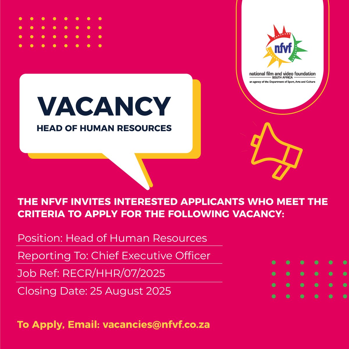 National Film & Video Foundation #NFVF (@nfvfsa) on Twitter photo 📢 We’re Hiring: Head of Human Resources
📍 Position: Head of Human Resources
📅 Closing Date: 25 August 2025 at 16:00
📧 Apply: Send your CV and cover letter to vacancies@nfvf.co.za
🔗 More information, click here: bit.ly/4fwofBm
#NFVF #NowHiring #HumanResources 📢 We’re Hiring: Head of Human Resources
📍 Position: Head of Human Resources
📅 Closing Date: 25 August 2025 at 16:00
📧 Apply: Send your CV and cover letter to vacancies@nfvf.co.za
🔗 More information, click here: bit.ly/4fwofBm
#NFVF #NowHiring #HumanResources