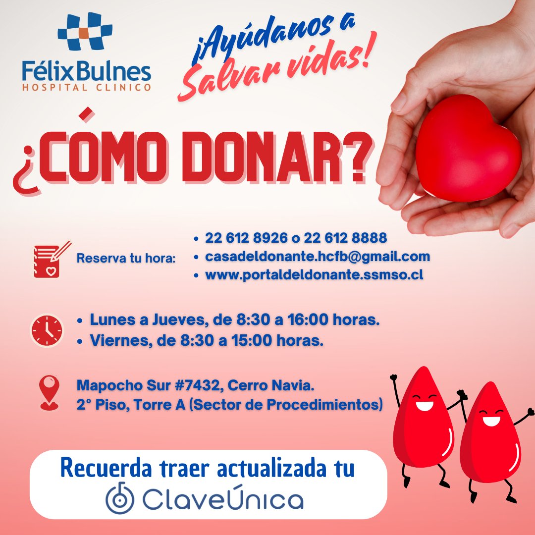 🩸Recordamos que en nuestro Hospital puedes donar de lunes a jueves, de 8:30 a 16:00 horas; y viernes, de 8:30 a 15:00 horas. ¡Te esperamos! #SalvaVidas

¡Recuerda traer tu #ClaveÚnica actualizada!