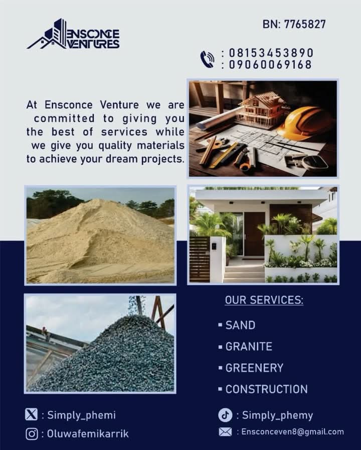 Simply_phemi's tweet photo. Contact @EnsconceVnt  for your next construction project:
We supply

✅️ Granite 
✅️ Sand
✅️ Landscape Design

Quality &amp; Quantity at the best Market Price. Trust us for swift delivery and professionalism 📍

#Quarry #Granite #Nigeria #construction #business https://t.co/NoEyzLg4Bq
