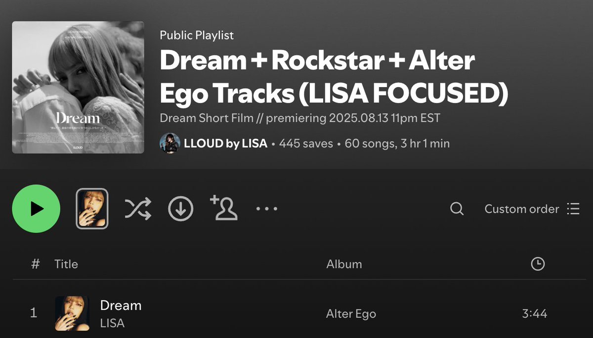 LLOUD_twt's tweet image. 📣 Lisa&apos;s &quot;DREAM&quot; focused playlist on Spotify. 💛

🔗 open.spotify.com/playlist/14UZt…

#LISAxDream #LISAxALTEREGO