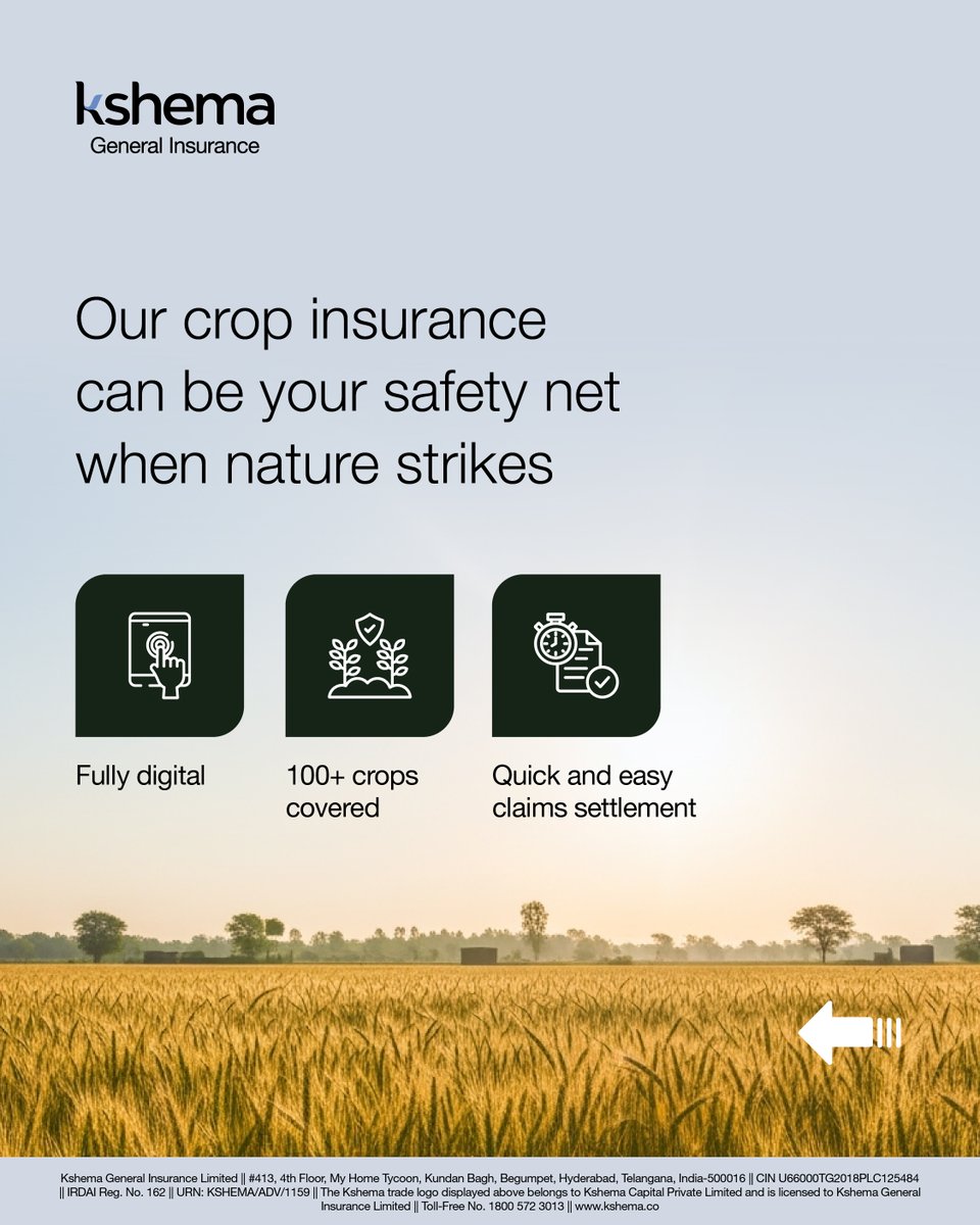 Kshema_Suraksha's tweet image. Farming involves risks—but with the right support, you can grow better.  

✅ Financial help after crop loss 
✅ Peace of mind during uncertainties  That’s the support Kshema brings

📞 Call 1800 572 3013 to know more

#kshema #kshemageneralinsurance #cropinsurance #kshemaapp
