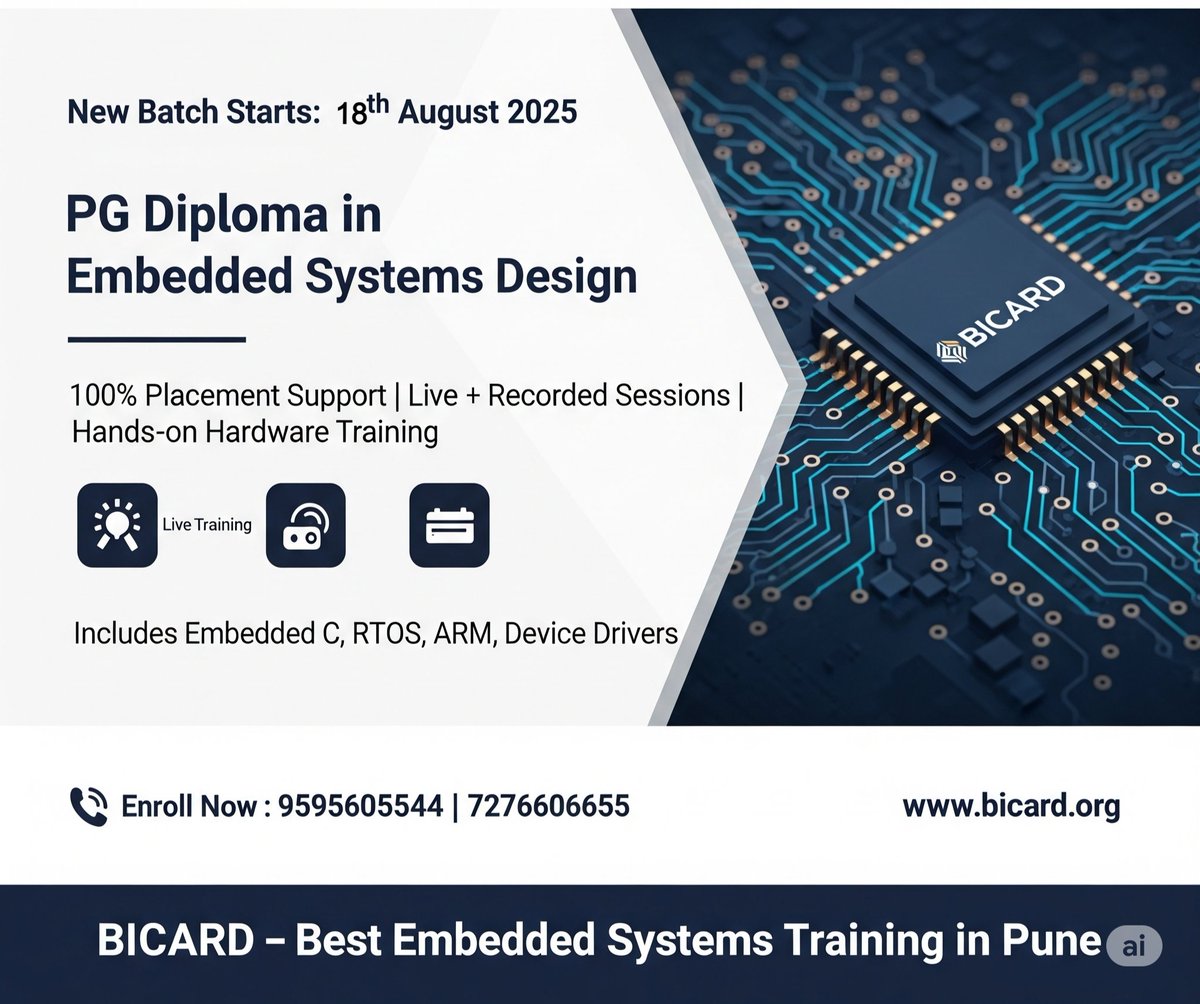 Bicard4's tweet image. 🚀 New Batch Alert – BICARD
📢 Admissions Open!
 PG Diploma in Embedded Systems Design Course
 🗓 Starts: 18th August 2025
🎯 Course Highlights:
✅ Embedded C, ARM, STM32, RTOS
✅ Hands-on Training with Microcontrollers
✅ Live Projects &amp;amp; Proteus Simulation
#EmbeddedSystemsCourse