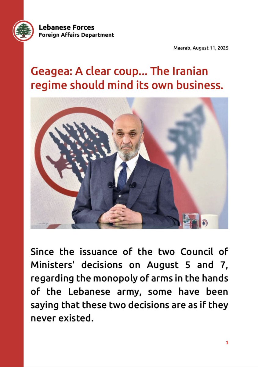 LF_ForeignAff's tweet photo. Geagea: A clear coup... The Iranian regime should mind its own business.

@DrSamirGeagea @RKouyoumjian @LFPartyOfficial 

#Lebanese_Forces
#Samir_Geagea 
#ForeignAffairsDepartment https://t.co/sxGUnZzezV