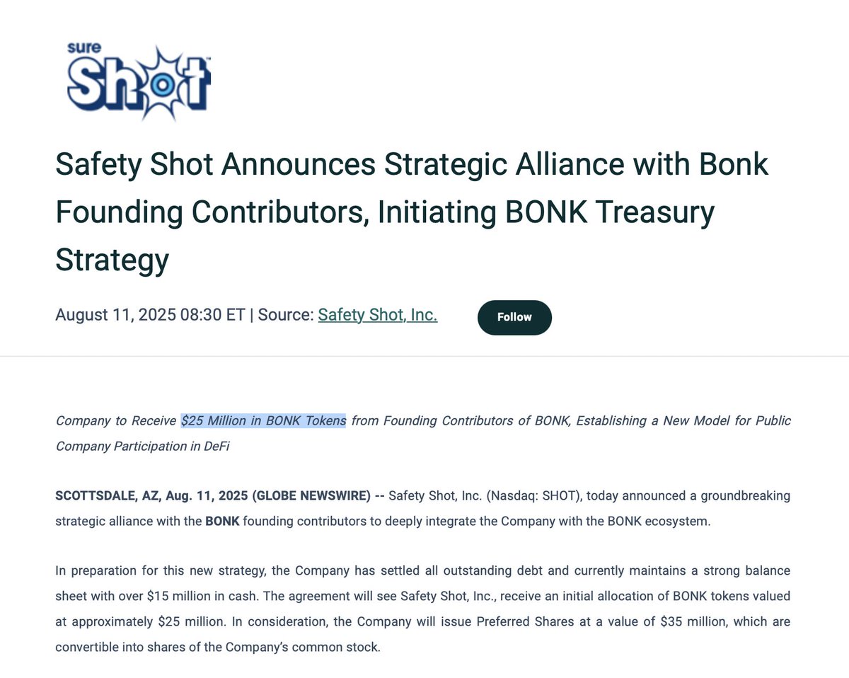 🚨NEWS: Safety Shot (NASDAQ: SHOT) partners with <a href="/bonk_inu/">BONK!!!</a> founding contributors to launch a $BONK treasury strategy. The Company will receive $25 million worth of BONK tokens, holds over $15 million cash, and will issue $35 million in convertible Preferred Shares.
