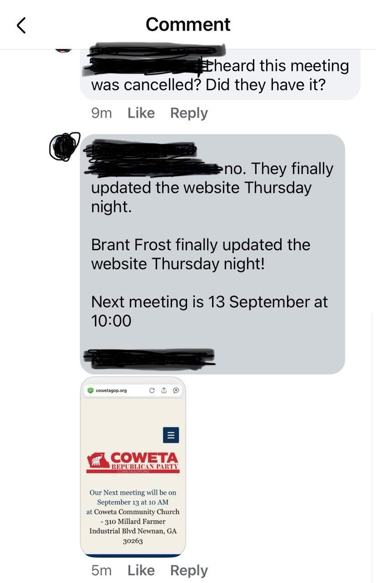 Brant Frost V still leads the Coweta GOP, calling the September meeting. <a href="/JoshMcKoon/">Josh McKoon 🇺🇸 🇹🇼 🇮🇱</a>'s press release seems merely to portray him as a caring state party leader.

<a href="/KylieJaneKremer/">Kylie Jane Kremer</a> <a href="/amy_mdees/">Amy McCoy Dees</a> 
<a href="/goreclaimga/">GoReclaimGeorgia</a> <a href="/LMcClainCPA/">Laurie McClain</a> <a href="/peachpundit/">Peach Pundit</a> <a href="/WarRoomGeorgia/">War Room Georgia</a> <a href="/ajc/">Atlanta Journal-Constitution</a> <a href="/bluestein/">Greg Bluestein</a> <a href="/RElliotWSB/">Richard Elliot</a>