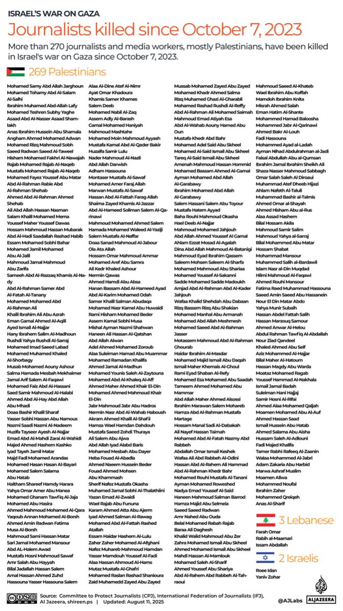 In 22 months, Israel has killed 269 Palestinian journalists. The font is getting smaller and smaller on this graphic to fit in all the names.