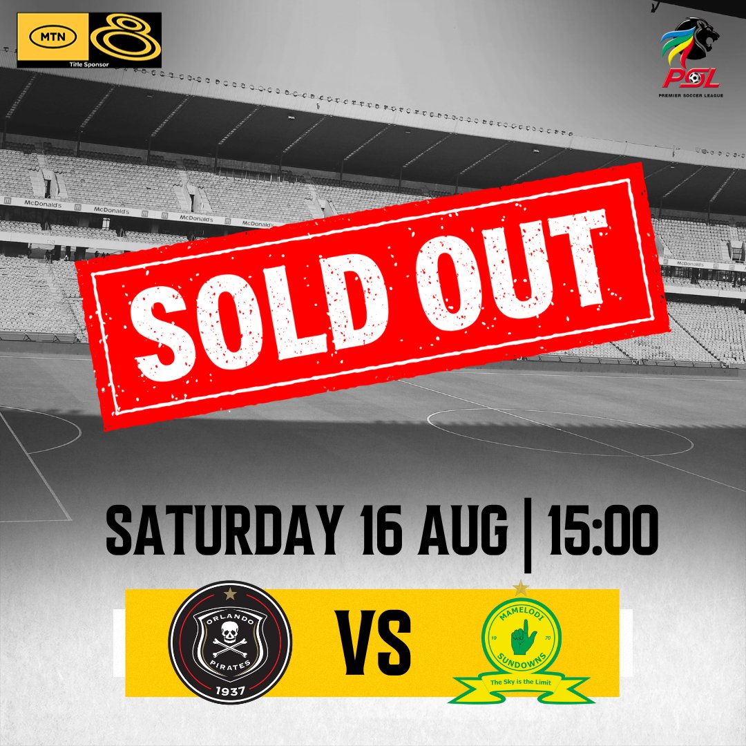 Official PSL (@officialpsl) on Twitter photo π¨ ππππ πππ π¨
Tickets for the #MTN8 semi-final first-leg fixture between <a href="/orlandopirates/">Orlando Pirates</a> and <a href="/Masandawana/">Mamelodi Sundowns FC</a> are sold out. π¨ ππππ πππ π¨
Tickets for the #MTN8 semi-final first-leg fixture between <a href="/orlandopirates/">Orlando Pirates</a> and <a href="/Masandawana/">Mamelodi Sundowns FC</a> are sold out.