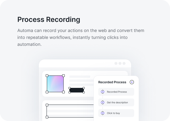 Process Recording
—The ultimate "show, don't tell" way to build powerful automations. Just perform a task once, and our #AI will watch and automatically generate a repeatable #workflow for you. 
Try it today! automa.site/rpa/product
#rpa #workinprogress