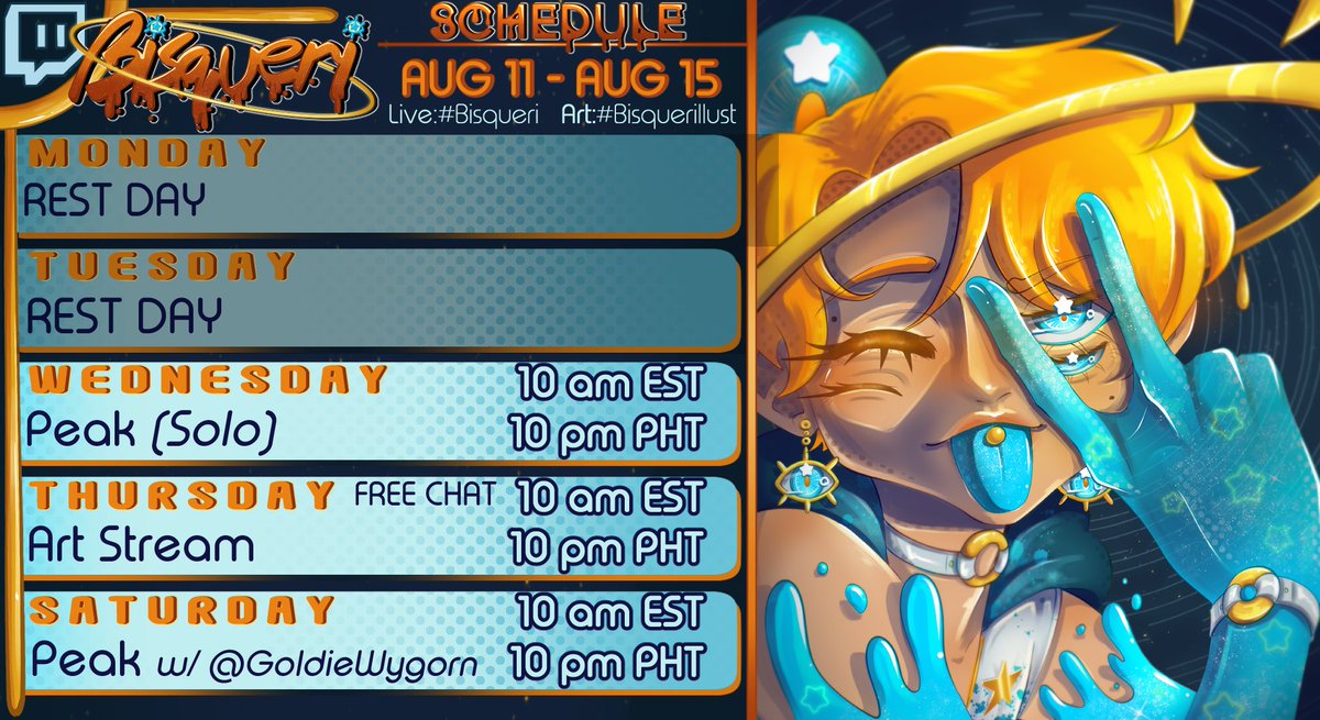 😇WEEKLY SCHED:  AUG 11- AUG 15 (10AM EST)😇
👁️ h t t p s : / / t w i t c h . t v / b i s q u e r i 👁️
General: # Bisqueri
Art: # Bisquerillust

Hi so I like PEAK ⛰️🏔️🌋🌋🌋

Twitch Below🔽
#Vtuber #VTuberUprising