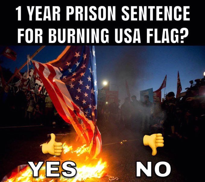 🚨POLL: President Trump has called for a MINIMUM 1 year prison sentence for anyone caught burning the American flag.

Do you support this?

A. YES
B. NO