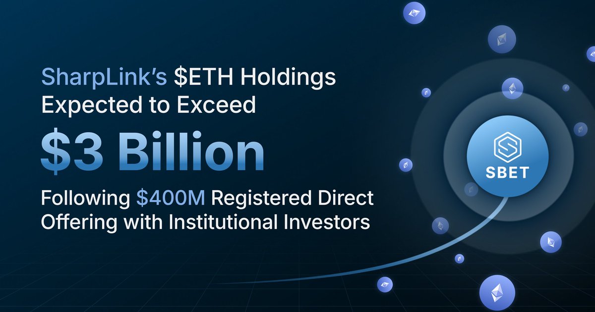 SharpLink's tweet image. SharpLink’s ETH holdings expected to exceed $3B following $400M registered direct offering with institutional investor

investors.sharplink.com/sharplinks-eth…