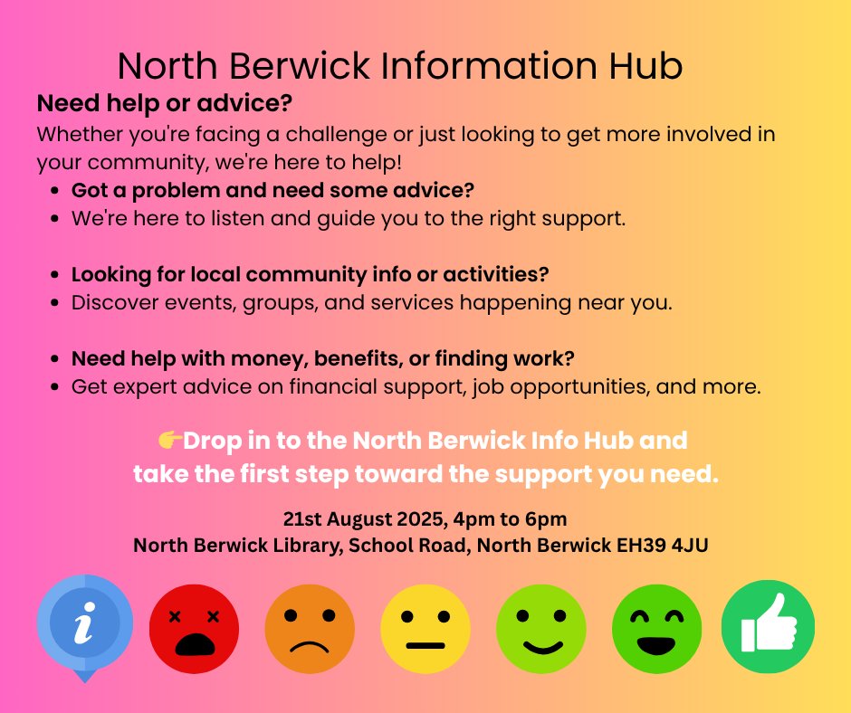 We'll be at the North Berwick Information Hub with North Berwick &amp; Area Community Sport Hub.
Come and join us on Thursday 21st August, 4–6pm at North Berwick Library to find out more about sports and physical activity opportunities in the area!