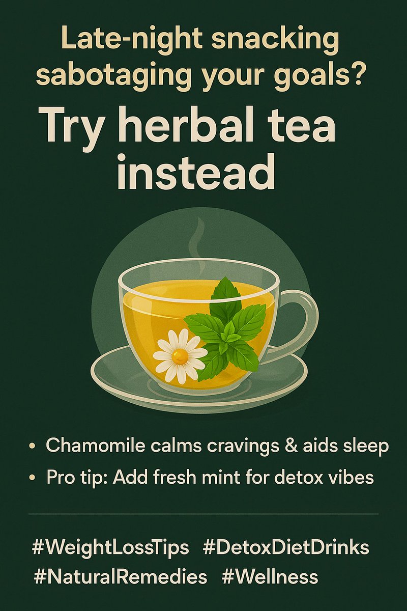 detoxdietdrinks's tweet photo. "Late-night snacking sabotaging your goals? Try herbal tea instead – chamomile calms cravings &amp; aids sleep. Pro tip: Add fresh mint for detox vibes.  What's your healthy swap? #WeightLossTips #DetoxDietDrinks #NaturalRemedies #Wellness #SleepHealth https://t.co/wx5pqQcaej