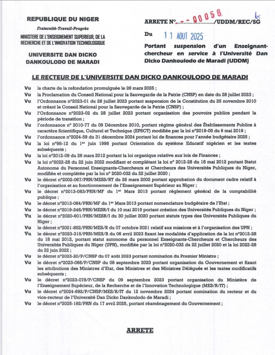 aboubacarybarma's tweet photo. #Niger
#Université_Maradi: Par arrêté du Recteur Université Dan Dicko Dan Koulodo de Maradi (#UDDM), Dr Saidou Hassidou, maître de conférences à la #FST, est #suspendu de ses fonctions. L'intéressé, en détention, est impliqué dans un #scandale_sexuel avec un étudiant. https://t.co/PVJKebf11F