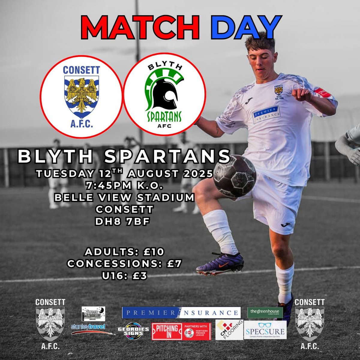 Consett AFC (@consettafc) on Twitter photo Just over 24 hours to us welcoming <a href="/Blyth_Spartans/">Blyth Spartans</a> to Belle View Stadium (DH8 7BF) for 7.45pm kick off in the <a href="/NorthernPremLge/">The Pitching In Northern Premier League</a> with both clubs looking to record their first points of the season.
Should be a cracker & we hope you can make it to support the lads. ⚽️🤞🗣️👏 Just over 24 hours to us welcoming <a href="/Blyth_Spartans/">Blyth Spartans</a> to Belle View Stadium (DH8 7BF) for 7.45pm kick off in the <a href="/NorthernPremLge/">The Pitching In Northern Premier League</a> with both clubs looking to record their first points of the season.
Should be a cracker & we hope you can make it to support the lads. ⚽️🤞🗣️👏