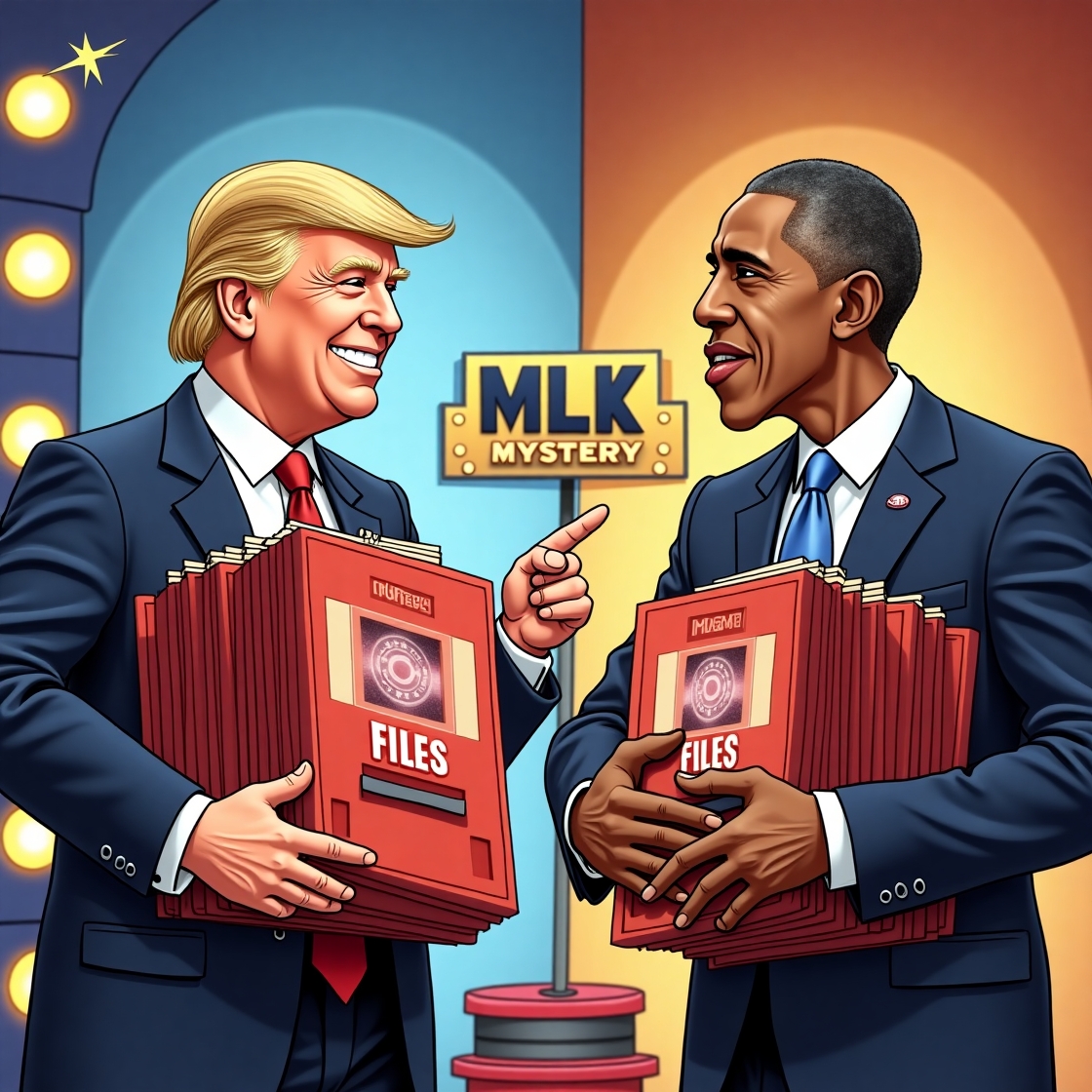 ToonDiplomacy's tweet photo. 🕵️ TRUMP WANTS THE MLK FILES DECLASSIFIED https://t.co/qYbnZ3hL0A 
says “it’s complicated,” Trump says “it’s ratings gold.” 👇 Who wins the presidential roast battle? 🎥 Watch the full chaos here: https://t.co/f77puJXOA0 https://t.co/lwovwXfwkL