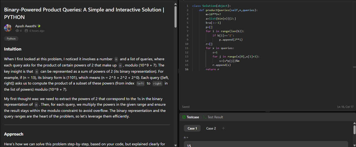 otakuayush_'s tweet photo. LeetCode 2438: Range Product Queries of Powers!
-Convert n to binary & extract powers of 2
-Multiply elements in query ranges with mod
Key insight: binary representation = powers of 2!
SOL:
https://t.co/5LMyjhZxJQ
#LeetCode #100DaysOfCode #DataStructures #DSA #PythonTrick https://t.co/9ZuHAo2vga