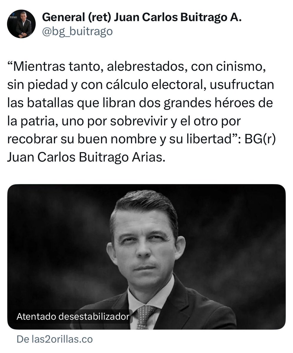 General (ret) Juan Carlos Buitrago A. (@bg_buitrago) on Twitter photo Un magnicidio político en la era del Pacto Histórico. Sus aliados eliminando a la oposición. Lo hicieron con <a href="/AlvaroUribeVel/">Álvaro Uribe Vélez</a> y ahora con una joven promesa <a href="/MiguelUribeT/">Miguel Uribe</a> q.e.p.d. que conocí de cerca. Invito a los jóvenes de #Colombia a seguir su legado! #LosPrincipiosNoSeNegocian Un magnicidio político en la era del Pacto Histórico. Sus aliados eliminando a la oposición. Lo hicieron con <a href="/AlvaroUribeVel/">Álvaro Uribe Vélez</a> y ahora con una joven promesa <a href="/MiguelUribeT/">Miguel Uribe</a> q.e.p.d. que conocí de cerca. Invito a los jóvenes de #Colombia a seguir su legado! #LosPrincipiosNoSeNegocian