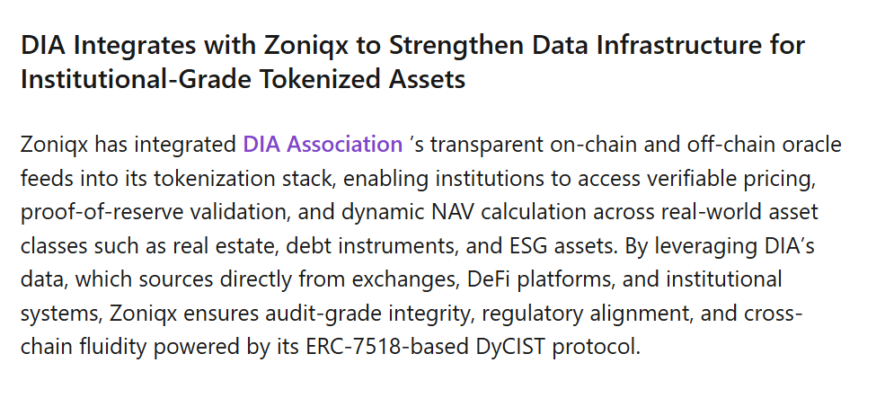 Recording: Zoniqx partnered with #Ripple to tokenize RWA in '24. Now, Zoniqx has integrated DIA Association's oracle feeds. #Ripple also uses DIA for their XRPL oracles.