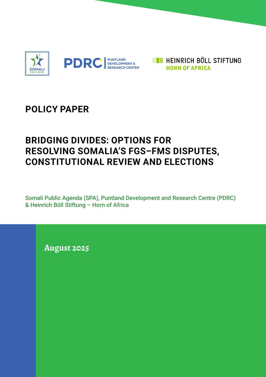 A new policy paper from SPA &amp; PDRC, with support from HBS Horn of Africa, maps out practical paths to fix federal–state tensions, constitutional review, &amp; move to a new electoral model. 𝐑𝐞𝐚𝐝 𝐭𝐡𝐞 𝐟𝐮𝐥𝐥 𝐩𝐚𝐩𝐞𝐫 𝐡𝐞𝐫𝐞: hoa.boell.org/en/2025/08/09/…
#Somalia #HornOfAfrica