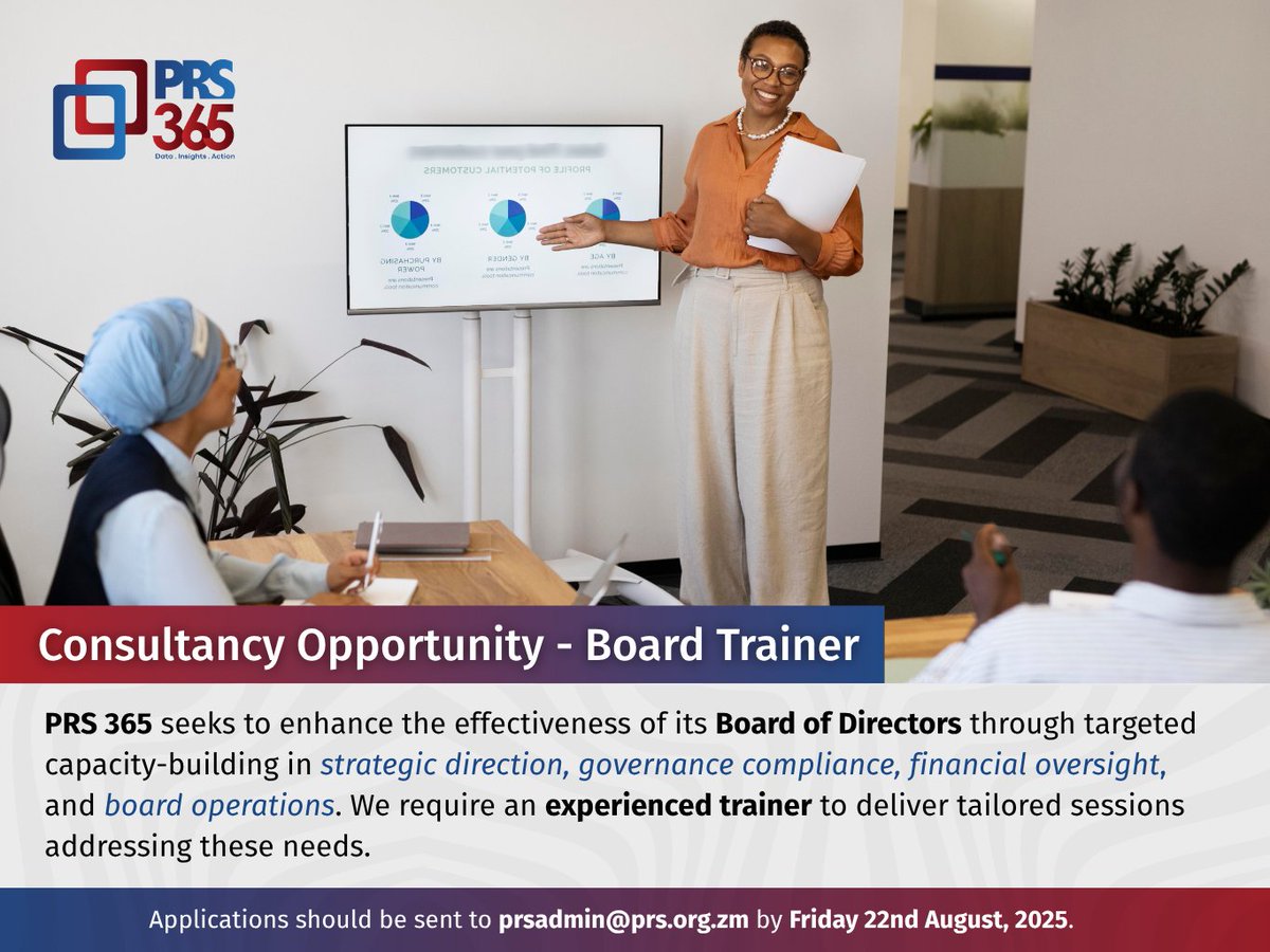 📢 𝗪𝗲’𝗿𝗲 𝗛𝗶𝗿𝗶𝗻𝗴: 𝗕𝗼𝗮𝗿𝗱 𝗧𝗿𝗮𝗶𝗻𝗲𝗿
PRS 365 LTD is seeking an experienced 𝗕𝗼𝗮𝗿𝗱 𝗧𝗿𝗮𝗶𝗻𝗲𝗿 to strengthen our Board’s capacity in strategic leadership, governance compliance, financial oversight, and board effectiveness.

📄𝗦𝘂𝗯𝗺𝗶𝘁 your CV, cover