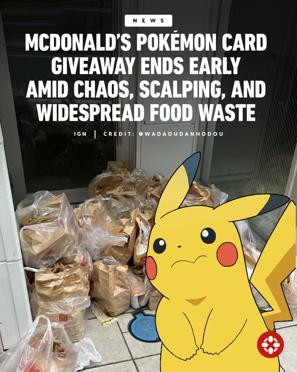 IGN's tweet photo. McDonald's has announced the early end of a Happy Meal Pokémon card promotion in Japan, after the chain was swamped by fans buying up dozens of burgers just to extract the packs found within them. https://t.co/37ZdAT3j93 https://t.co/oBj5rb8OcT