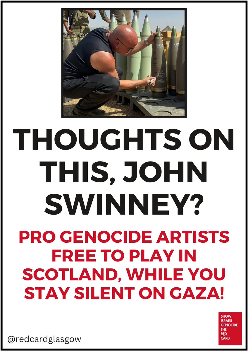 Show Israeli Genocide the Red Card (@redcardglasgow) on Twitter photo 1/3
Great to see our NO DISTURBED! posters at the weekend.
We welcome <a href="/JohnSwinney/">John Swinney</a> recognising that Palestinians are being subjected to a genocide at the hands of Israel, but words are not enough and we need to keep the pressure up. 1/3
Great to see our NO DISTURBED! posters at the weekend.
We welcome <a href="/JohnSwinney/">John Swinney</a> recognising that Palestinians are being subjected to a genocide at the hands of Israel, but words are not enough and we need to keep the pressure up.