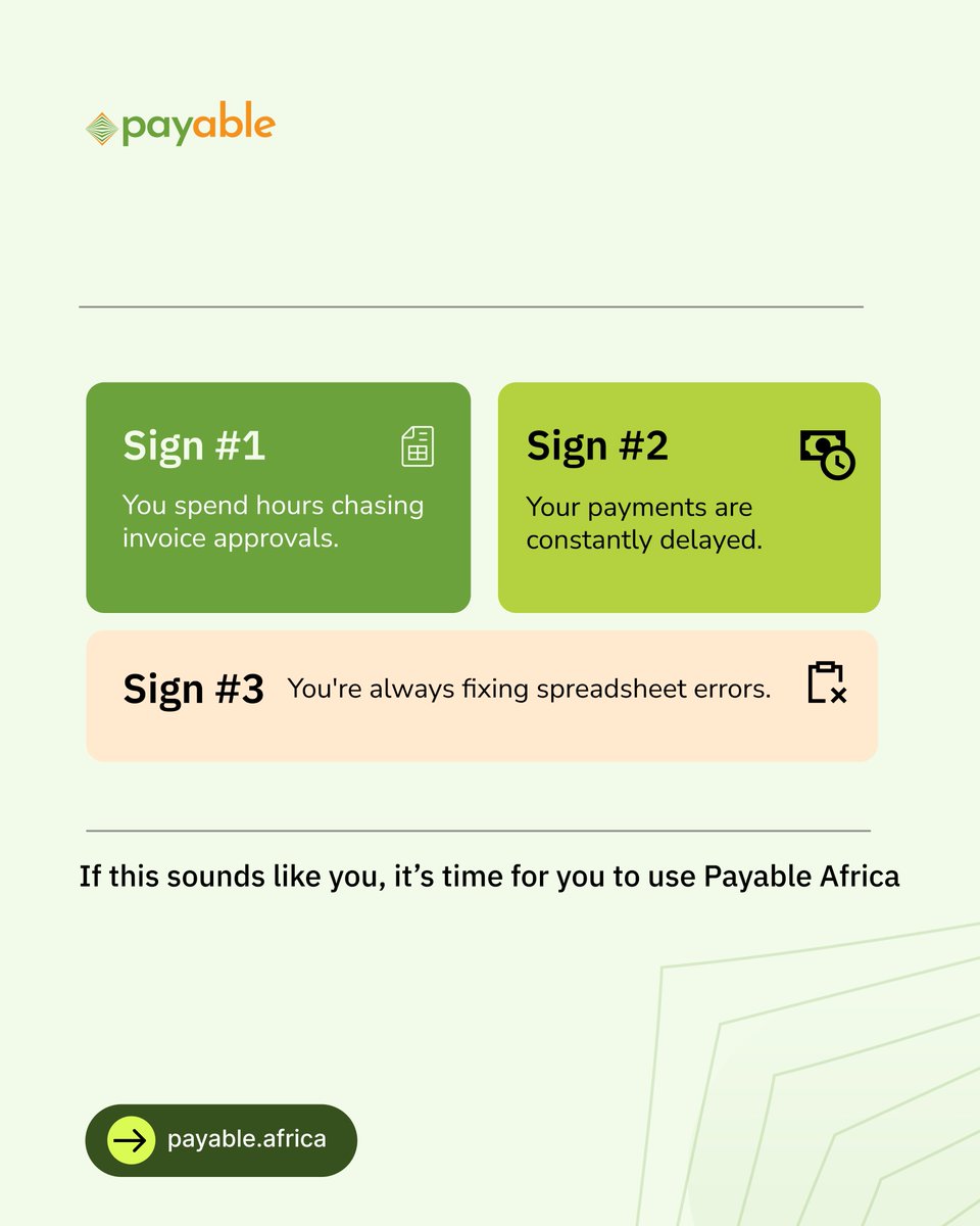 payableafrica's tweet image. Still managing finances manually? These signs say it’s time for a switch.
If this feels familiar, it’s time to automate with Payable Africa.

Click here to get started: bit.ly/4dvVd37

#payableafrica #financialautomation #smetools #nigerianbusiness #businesstips #trend