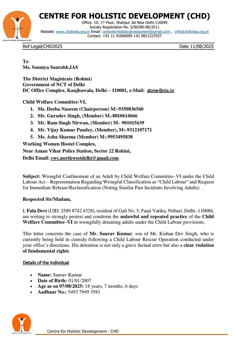 CHDIndia's tweet photo. Wrongful Confinement of an Adult by Child Welfare Committee–VI under the Child Labour Act – Representation Regarding Wrongful Classification as “Child Labour” and Request for Immediate Release/Reclassification (Noting Similar Past Incidents Involving Adults)

@DM_NorthWest https://t.co/ZwPELCn5O9