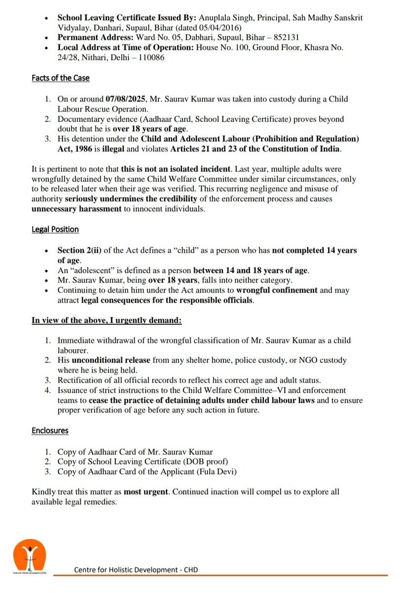 CHDIndia's tweet photo. Wrongful Confinement of an Adult by Child Welfare Committee–VI under the Child Labour Act – Representation Regarding Wrongful Classification as “Child Labour” and Request for Immediate Release/Reclassification (Noting Similar Past Incidents Involving Adults)

@DM_NorthWest https://t.co/ZwPELCn5O9