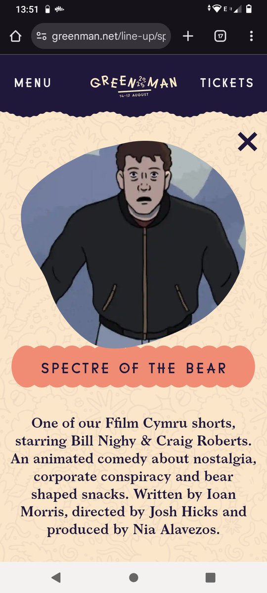 One final screening for Spectre of the Bear this weekend at <a href="/GreenManFest/">Green Man</a>.
 
2:40pm on Sunday if watching a 'conspiracy comedy about crisps' in a cool, dark tent sounds appealing.