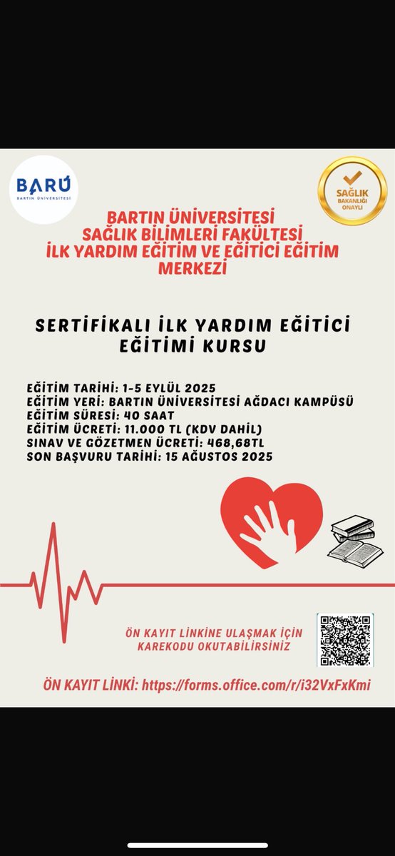 bartinsaglik (@bartinsaglik) on Twitter photo Bartın Üniversitesi Sağlık Bilimleri Fakültesi İlk Yardım Eğitim ve Eğitici Merkezi
Sertifikalı İlk Yardım Eğitici Eğitim Kursu
Son Başvuru Tarihi: 15.08.2025
<a href="/baruedutr/">Bartın Üniversitesi</a> <a href="/profdraakkaya/">Prof. Dr. Ahmet AKKAYA</a> <a href="/Sevim_Celik67/">Prof. Dr. Sevim Çelik</a> Bartın Üniversitesi Sağlık Bilimleri Fakültesi İlk Yardım Eğitim ve Eğitici Merkezi
Sertifikalı İlk Yardım Eğitici Eğitim Kursu
Son Başvuru Tarihi: 15.08.2025
<a href="/baruedutr/">Bartın Üniversitesi</a> <a href="/profdraakkaya/">Prof. Dr. Ahmet AKKAYA</a> <a href="/Sevim_Celik67/">Prof. Dr. Sevim Çelik</a>