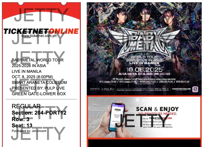 WTS/LFB

BABYMETAL WORLD TOUR 2025-2026 IN ASIA LIVE IN MANILA - Lower Box 204, Row 3, Seat 13 ticket
Price: 4.4k
MOP: BPI, SeaBank

Transfer ko agad sa Ticketnet account niyo upon payment!

RFS: Nakuha ko na desired seat ko.
SEND DM/CROSSPOSTED TO FB