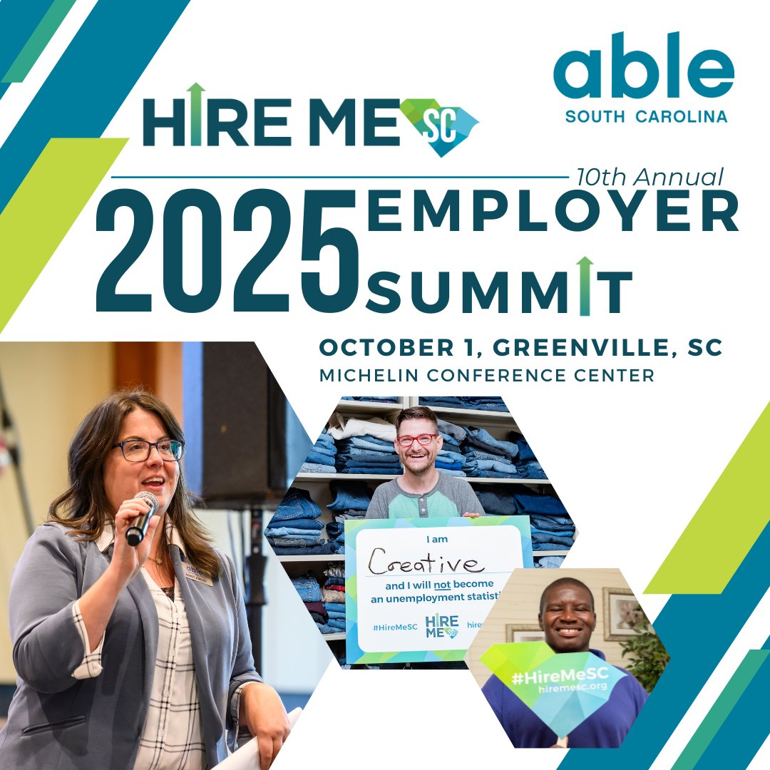 10th Annual Employer Summit - Registration open now through September 20- Don't miss it:
When? October 1, 2025
Where? Michelin Conference Center, Greenville, SC
How do I attend? Register: hiremesc.org/employer-summit

#HireMeSC #DisabilityEmployment #CombatUnemployment