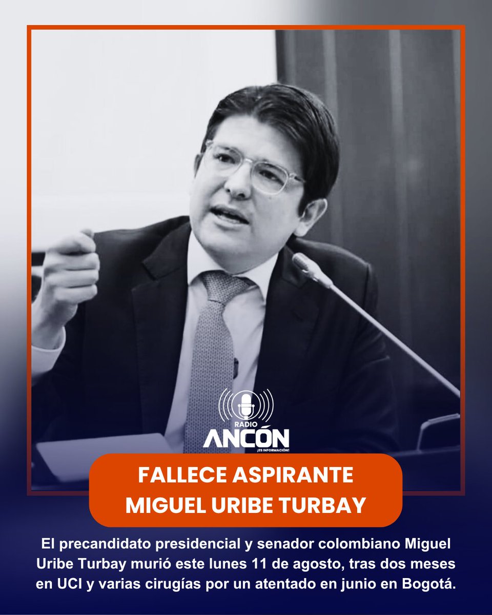 El precandidato presidencial colombiano Miguel Uribe Turbay murió tras dos meses en UCI por un atentado en junio. Fue baleado por un sicario de 15 años; autoridades apuntan a disidencias de las FARC como autores intelectuales.

#Colombia #Noticia #Fallece