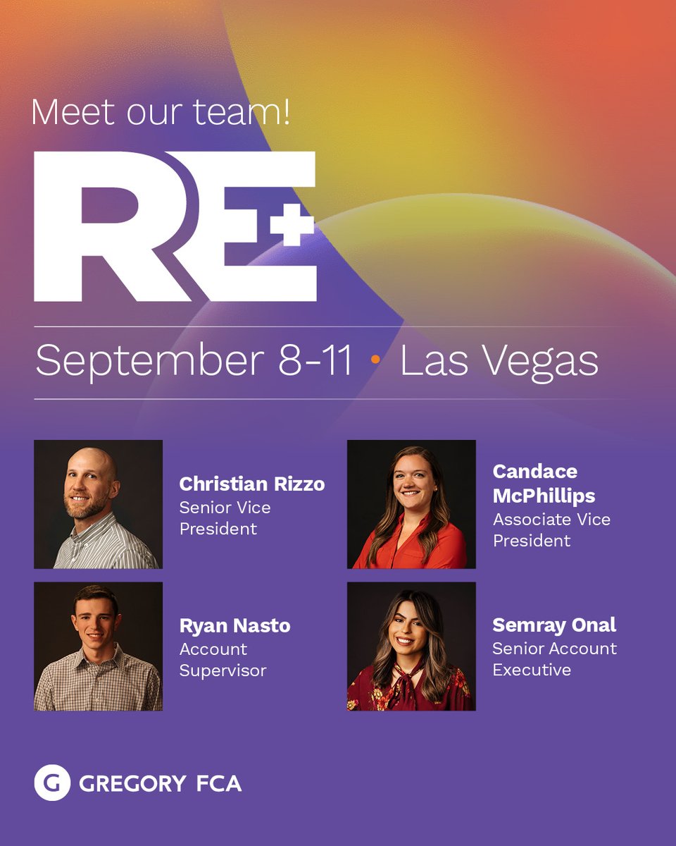 Gregory FCA (@gregoryfca) on Twitter photo Meet our team at <a href="/REPlusEvents/">RE+ Events</a> September 8-11! Christian Rizzo, Ryan Nasto, Candace McPhillips, and Semray Onal will be on-site at North America's largest clean energy event. See them? Feel free to say hello! Meet our team at <a href="/REPlusEvents/">RE+ Events</a> September 8-11! Christian Rizzo, Ryan Nasto, Candace McPhillips, and Semray Onal will be on-site at North America's largest clean energy event. See them? Feel free to say hello!