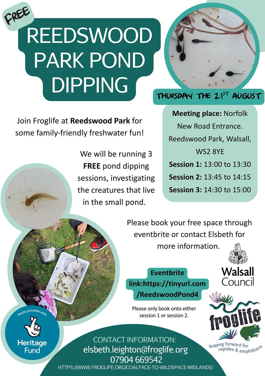 Froglife (@froglifers) on Twitter photo Next week is our #free #ponddipping in Reedswood Park, #Walsall! Join our CF2WS, Midlands team on Thursday to explore the pond and find the fabulous freshwater creatures that call it home.
Sign up here: tinyurl.com/ReedswoodPond4
<a href="/HealthySpacesWC/">Healthy Spaces Team - Walsall Council</a> <a href="/HeritageFundUK/">The National Lottery Heritage Fund</a> Next week is our #free #ponddipping in Reedswood Park, #Walsall! Join our CF2WS, Midlands team on Thursday to explore the pond and find the fabulous freshwater creatures that call it home.
Sign up here: tinyurl.com/ReedswoodPond4
<a href="/HealthySpacesWC/">Healthy Spaces Team - Walsall Council</a> <a href="/HeritageFundUK/">The National Lottery Heritage Fund</a>