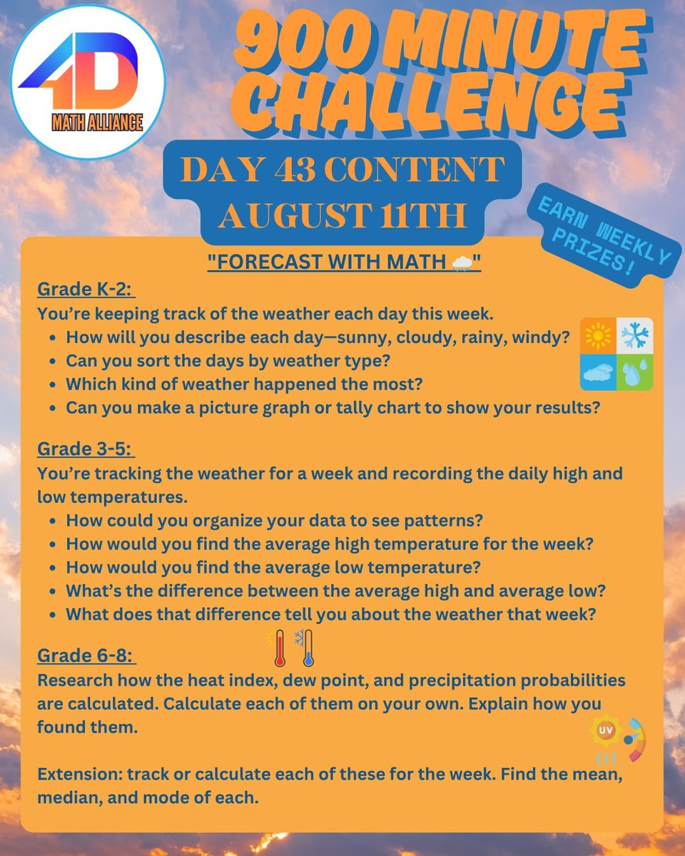 4D Math Alliance (@4dmath) on Twitter photo Day 43 of the #900MinChallenge shows us all the #math in the #weather around us. We find math in the #patterns #temperatures #forecasts #heatindex #dewpoints of the world around us. Share your work by tagging us or email info@4dma.org #WeatherMath @WeatherChannel Day 43 of the #900MinChallenge shows us all the #math in the #weather around us. We find math in the #patterns #temperatures #forecasts #heatindex #dewpoints of the world around us. Share your work by tagging us or email info@4dma.org #WeatherMath @WeatherChannel