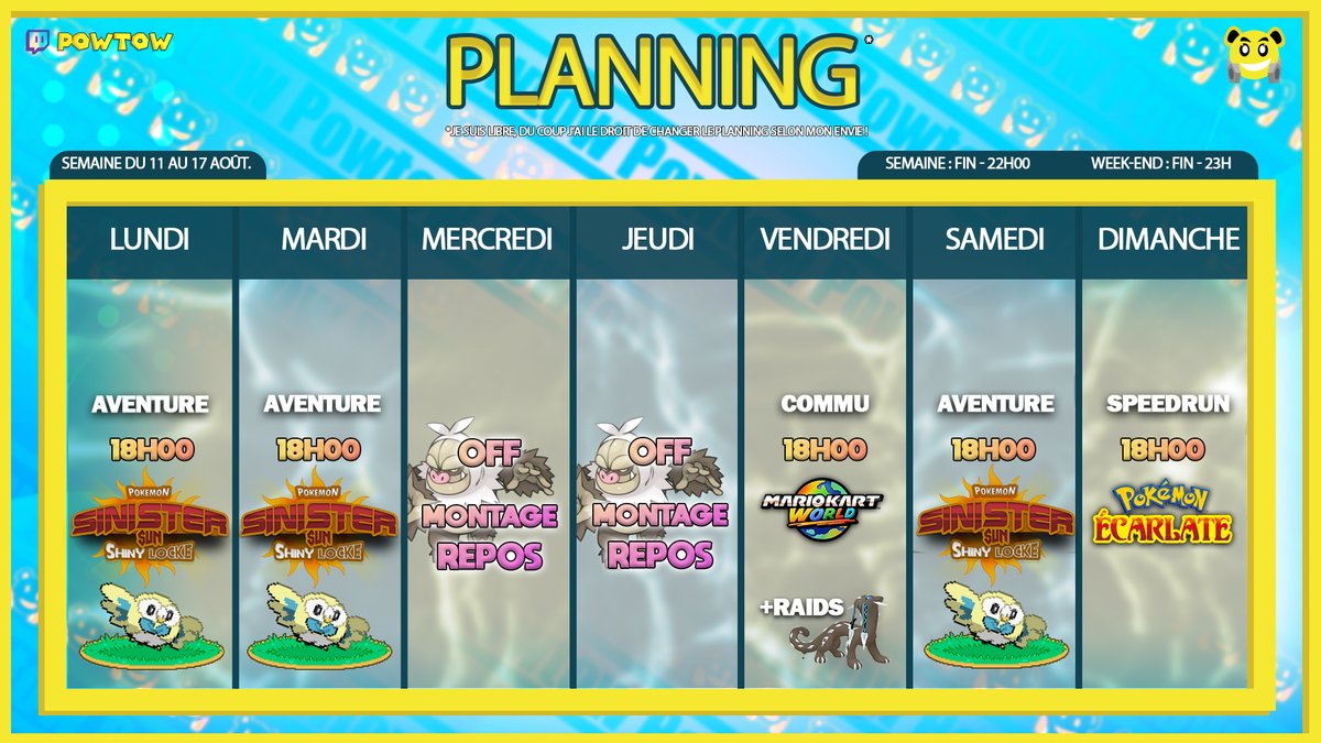 PLANNING - 11 au 17 Août

Pendant que de nombreux projets sont en cours, nous continuons nos RDV habituels !
Un peu de MK ça fait pas de mal et on change de rouge feu pour se faire une petite run Ecarlate ce dimanche !

twitch.tv/Powtow