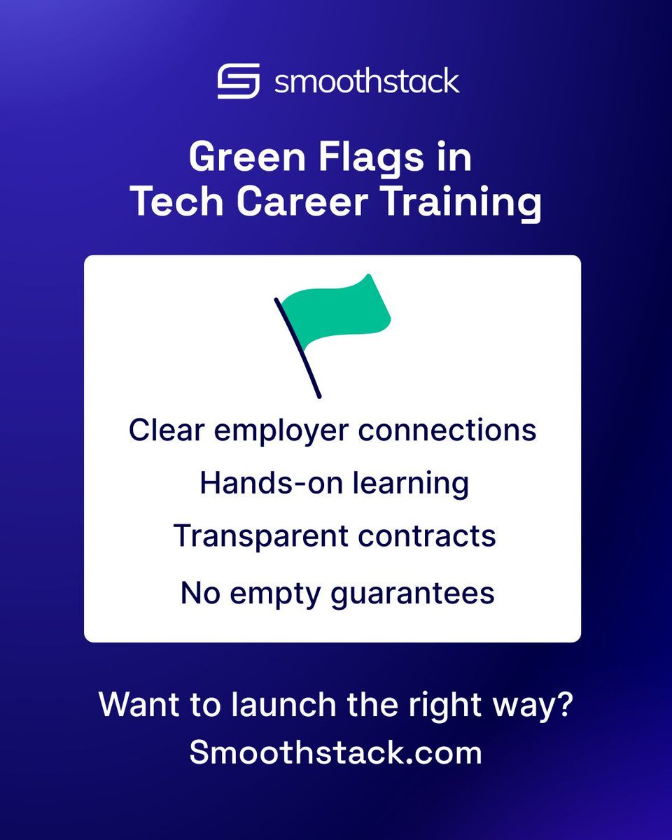 Smoothstack's tweet image. Build your tech career on a solid foundation. Look for training programs that offer real connections, practical experience, and honest commitments. The right start makes all the difference.
#TechCareers #FutureReady #DeveloperSkills #Smoothstack #StackedforSuccess