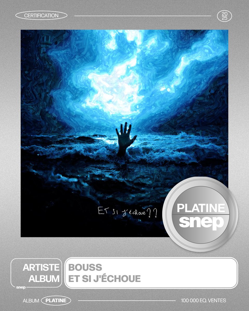snep's tweet photo. L’album « Et si j’échoue » de Bouss est certifié Platine ! 💿

100 000 équivalents ventes 📈

Bravo ! 👏 https://t.co/3C8YWk6noJ
