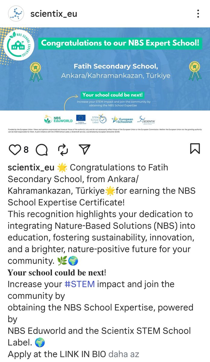 Okullarına Doğa Temelli Çözümler NBS Uzman Okulu Sertifikası alan Ankara Kahramankazan Fatih Ortaokulunu tebrik ederiz 👏👏👏😊🇹🇷🇹🇷