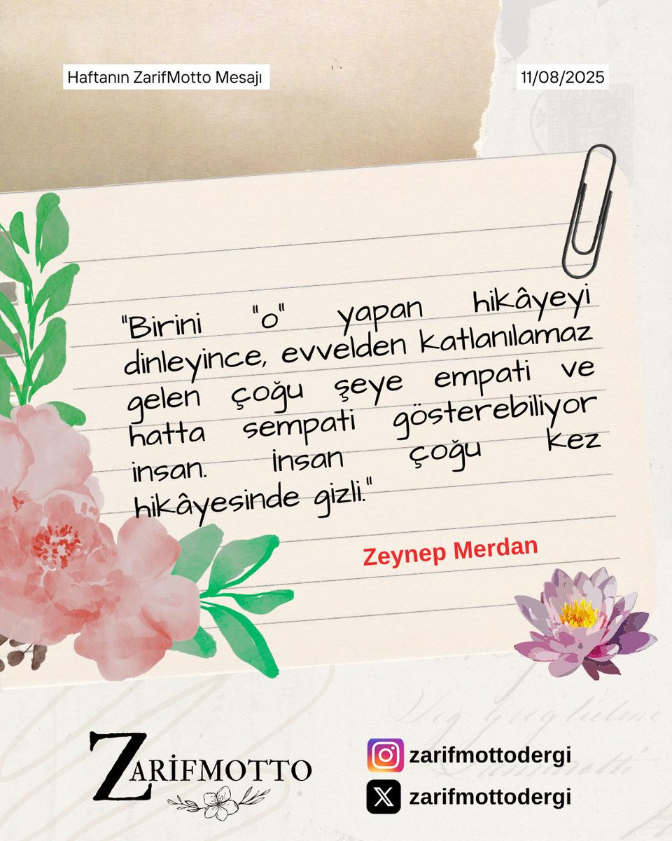 zarifmottodergi's tweet photo. 📜"Haftanın ZarifMotto Mesajı" serimiz kaldığımız yerden devam ediyoruz. Buyrun ikinci mesajımız sizlerle...😍
#zeynepmerdan #kisiselgelişim #hikayenibaşlat https://t.co/ZH7Z4O3hUc
