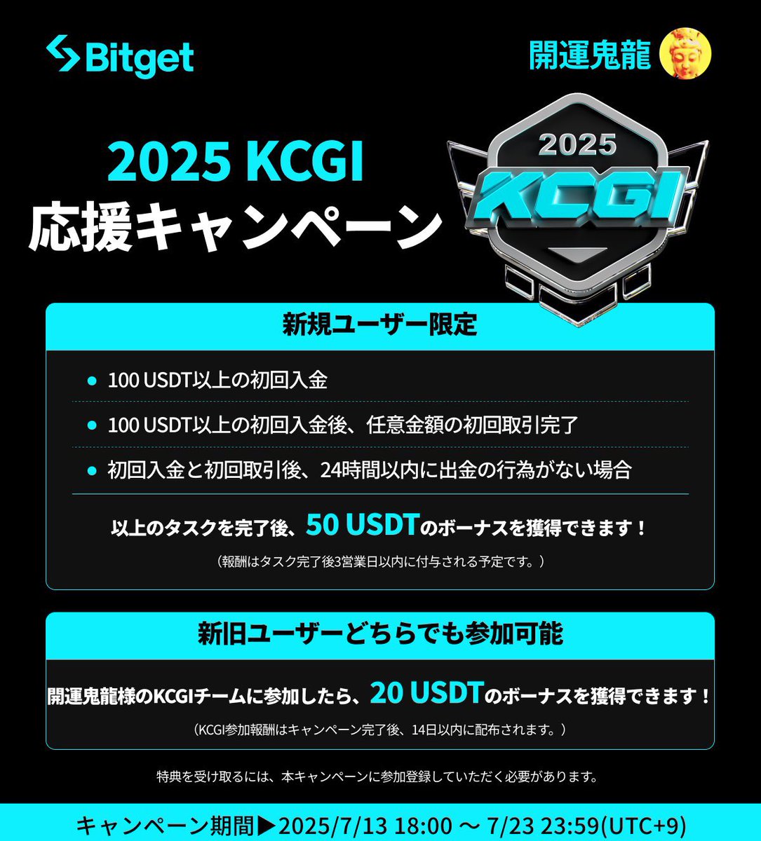 kaiun69's tweet photo. 【#KCGI サイドイベント開催❣️ 🎁】
チーム KAIUN
🔵KCGI応援入金祭り
🎁最大報酬2500USDT相当!BTCやBitget特製金貨が当たるチャンス!
⌛️期間:7月14日 15:00~7月31日 23:59
🔗https://t.co/Azm87RbkqO
🔵新規も既存も安心して取引
🎁損失サポート40,000USDT相当!
⌛️期間:7月14日 15:00~8月13日00:59
🔗https://t.co/ptl9TYVAxK
チームKAIUN参加はコチラ⬇️
https://t.co/sH3jTSMOp8
キャンペーン参加はコチラ⬇️
https://t.co/OWVqIvTXO7
⬇️新規登録はコード確認を😍
招待コード【h1qb】
先物取引永久30%OFF❣️
現物取引特別20%OFF
https://t.co/6pU8kddUAm
開運鬼龍🐳#BTC㊗️