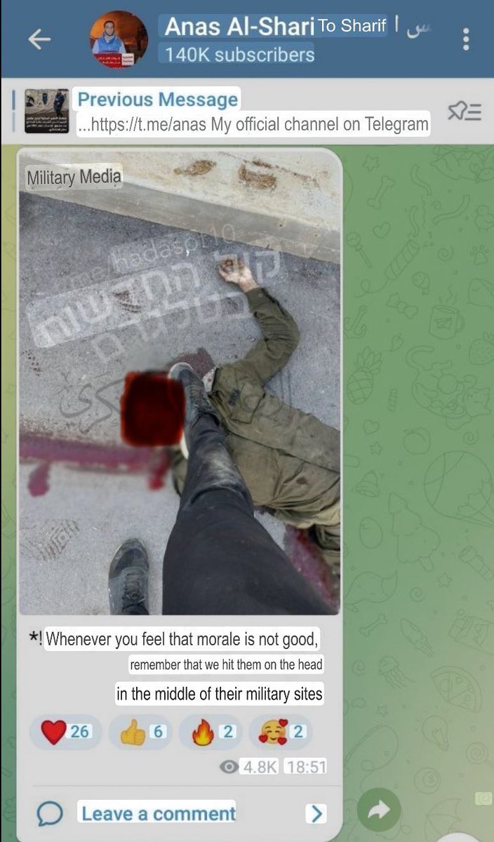Osint613's tweet photo. Al Jazeera “Journalist” Anas Al-Sharif’s shares a gruesome photo on October 7th:

“Whenever you feel that the morale is not good, remember that we hit them on the head in the middle of their military sites”

Palestinian “journalists” are a class of their own. https://t.co/UJ8tkGfHuj