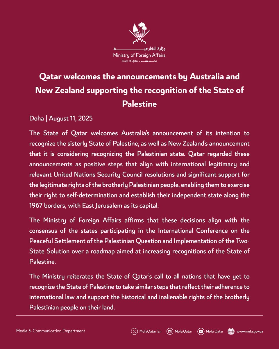 Statement | Qatar welcomes the announcements by Australia and New Zealand supporting the recognition of the State of Palestine

#MOFAQatar