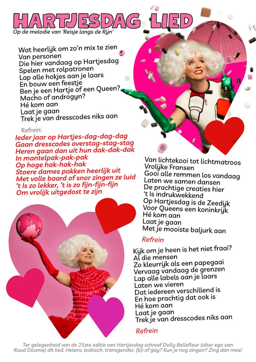 Maandag 18 aug is het HARTJESDAG op de Zeedijk. Samen met mijn hartendief George Moormann mag ik, als man =dragking? 😍, alle paradijsvogels jureren die over de Zeedijk paraderen. Om alvast in de stemming te komen deel ik het lied dat ik speciaal schreef t.g.v. van 25ste editie